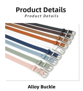 Detailed view of slim PU leather belts with matte silver alloy buckles in various colors