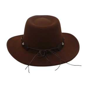 Detail of dark brown felt hat featuring a leather band with silver metallic studs