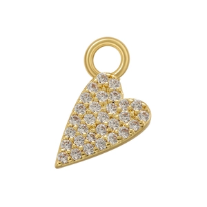 Macro shot of a gold heart pendant encrusted with pavé-set round cubic zirconia gems