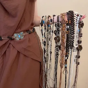 Bohemian Handmade Woven Wood Bead Waist Chain Belt Ethnic Butterfly Tassel Adjustable Dress Decoration For Women