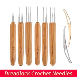 Dreadlock Crochet Hook Bamboo Handle Stainless Steel Needle Hair Extensions Tool 0.5mm 0.75mm Interlocking Needle