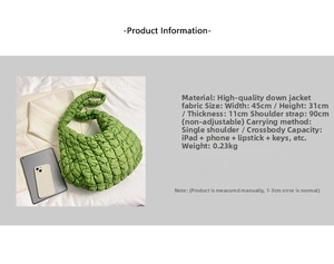 Detail of green quilted puffer bag dimensions 45x31x11cm with iPad for size reference
