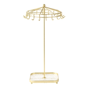 Golden 18-hook jewelry rack with a square marble-pattern acrylic base on white background