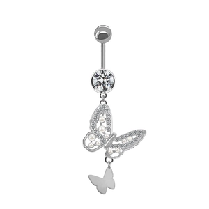 Detailed view of silver butterfly navel ring with crystal accents and faux pearl drop