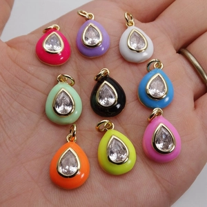 Colorful enamel teardrop charms with gold trim and inlaid zircon gems for jewelry making