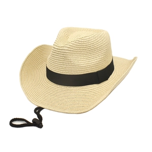 Classic straw western cowboy hat with black band and adjustable chin strap