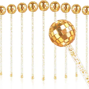 Golden disco ball cocktail stirrers with glitter acrylic sticks for party decoration