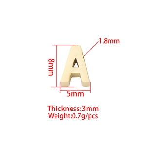 Detailed view of golden stainless steel letter A charm with size and weight measurements