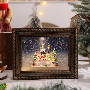 Detail of vintage Christmas snow globe frame with a cozy snowman family scene
