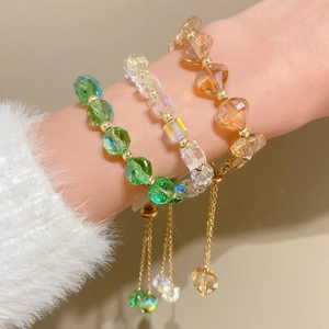 Crystal Beaded Bracelet Adjustable Slider Metal Chain Chic Natural Stone Wood Bead Jewelry For Women