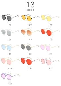 Matrix display of 13 retro round sunglasses colors with metal temples and gradient lenses
