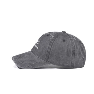 Vintage washed dark grey cotton baseball cap with distressed details and white embroidery