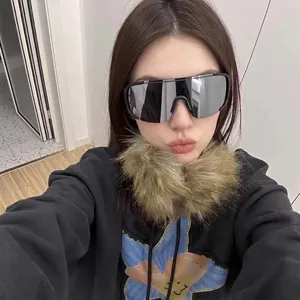 Oversized wrap-around sports sunglasses with silver mirror lenses and black frames