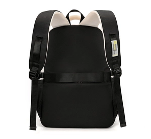 Detail view of thickened honeycomb mesh straps and luggage strap on black school backpack