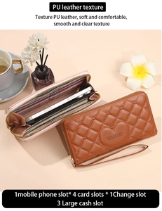 Detail view of pink and brown PU leather wallets featuring quilted heart patterns and zip pockets