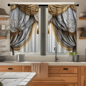 Detail of grey kitchen curtains with gold embroidery and tassels on a black rod