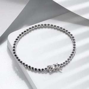 Classic S925 sterling silver tennis bracelet with black cubic zirconia on white background