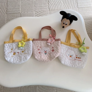 Cute Quilted Handbags Cartoon Embroidery Soft Tote Bag Daily Commute Lunch Bag With Flower Pendant Sweet Kawaii Women