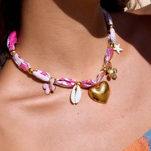 Bohemian 18K gold stainless steel necklace with pink butterfly and pearl shell charms