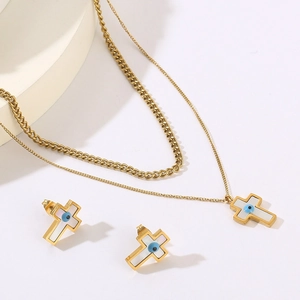 Retro evil eye shell jewelry set with double layer necklace and stud earrings in gold