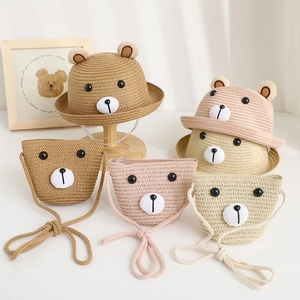 Kids Straw Sun Hat And Shoulder Bag Cute Cartoon Bear Shape Breathable Summer Beach Travel For Toddlers