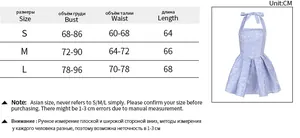Detailed size chart for the elegant purple halter jacquard dress with S, M, and L measurements