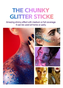 Multi-colored body chunky glitter stickers applied on face and shoulders for festive makeup