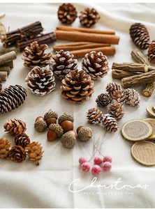 DIY Christmas set with pine cones, cinnamon sticks, and berries on linen fabric