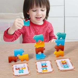Wooden bear stacking toy set with challenge cards for toddlers educational play