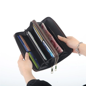 Deep coffee double zipper long wallet with large capacity interior and card slots