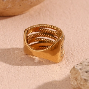 Detail of multi-layer 18K gold-plated stainless steel ring with twisted rope texture