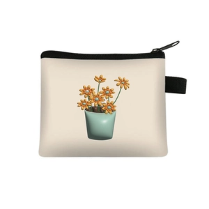 Close-up of the 3D flower print and black zipper on the cream coin purse storage bag