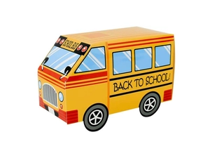 Detail of yellow school bus party favor box with Back to School print for celebrations