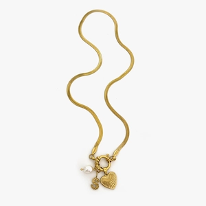 Gold snake chain necklace with freshwater pearl, letter S, and heart charms for women