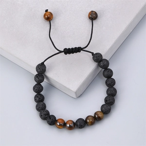 Lava stone and yellow tiger eye beaded bracelet for men with adjustable braided rope
