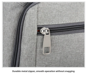 Close-up of durable silver metal zipper on gray insulated picnic backpack fabric