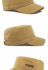 Vistas detalladas de la gorra militar de algodón caqui con bordado MOWRID y costuras firmes