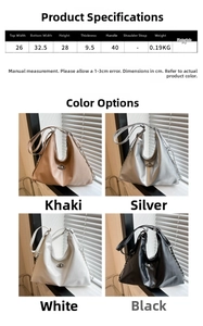 Detailed chart showing lightweight PU leather shoulder bag specs and 4 available colors