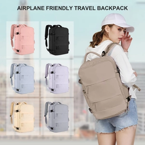 Detailed grid of travel backpacks in six colors and model wearing beige waterproof bag