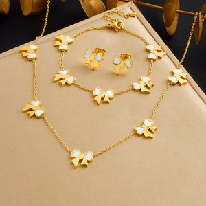 Pendentif Noeud Papillon Collier Bracelet Boucles Oreilles Bijoux Acier Inoxydable Doré Nacre Élégant Mode Femmes