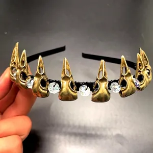 Gothic raven skull headband with bronze skulls and clear crystal beads for Halloween