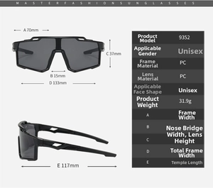 Detailed size specifications of PC sports sunglasses including frame width and lens height