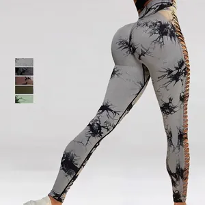 Women Seamless Tie Dye Yoga Pants High Waist Hollow Out Mesh Fitness Leggings Peach Hip Lifting Sport Gym Tight Bottom