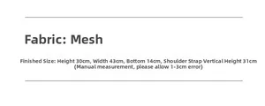Mesh beach tote bag dimensions: 43cm width, 30cm height, 14cm depth with 31cm strap drop