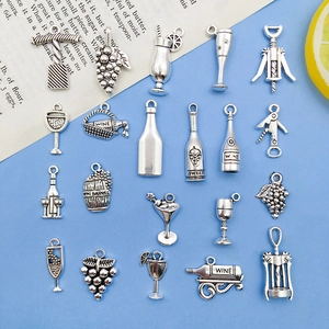 Vintage silver wine-themed alloy charms set featuring bottles, glasses and corkscrews