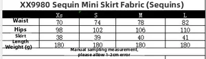 Size chart for sequin mini skirt showing XS to L measurements for waist and hips