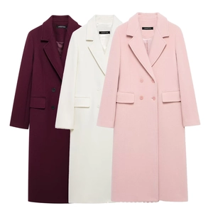 Manteau Long En Laine Pour Femmes Croisé Revers Couleur Unie Élégant Décontracté Veste Pour Automne Hiver