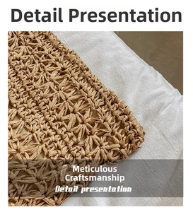Detailed close-up of the hollow woven pattern and texture on a natural straw shoulder bag