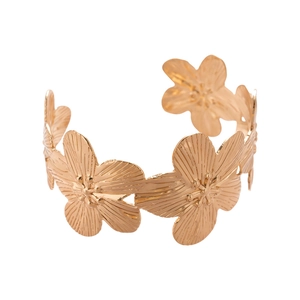 Golden flower open bangle with brushed petal texture and bohemian metal floral design
