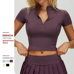 Top da Yoga Donna Aderente con Zip e Collo Coreana Maglietta Sportiva Traspirante Manica Corta per Corsa e Palestra